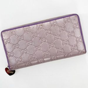 GUCCI GG Guccissima Heart Zip Around Long Wallet Metallic Lavender Authentic